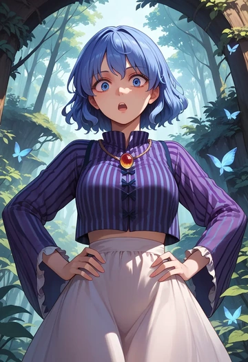 touhou,cirno,long-sleeve striped tee,pleated skirt,fishnet stockings  - AI generated anime art