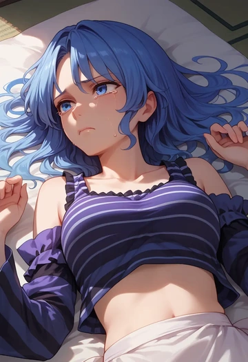 touhou,cirno,long-sleeve striped tee,pleated skirt,fishnet stockings  - AI generated anime art