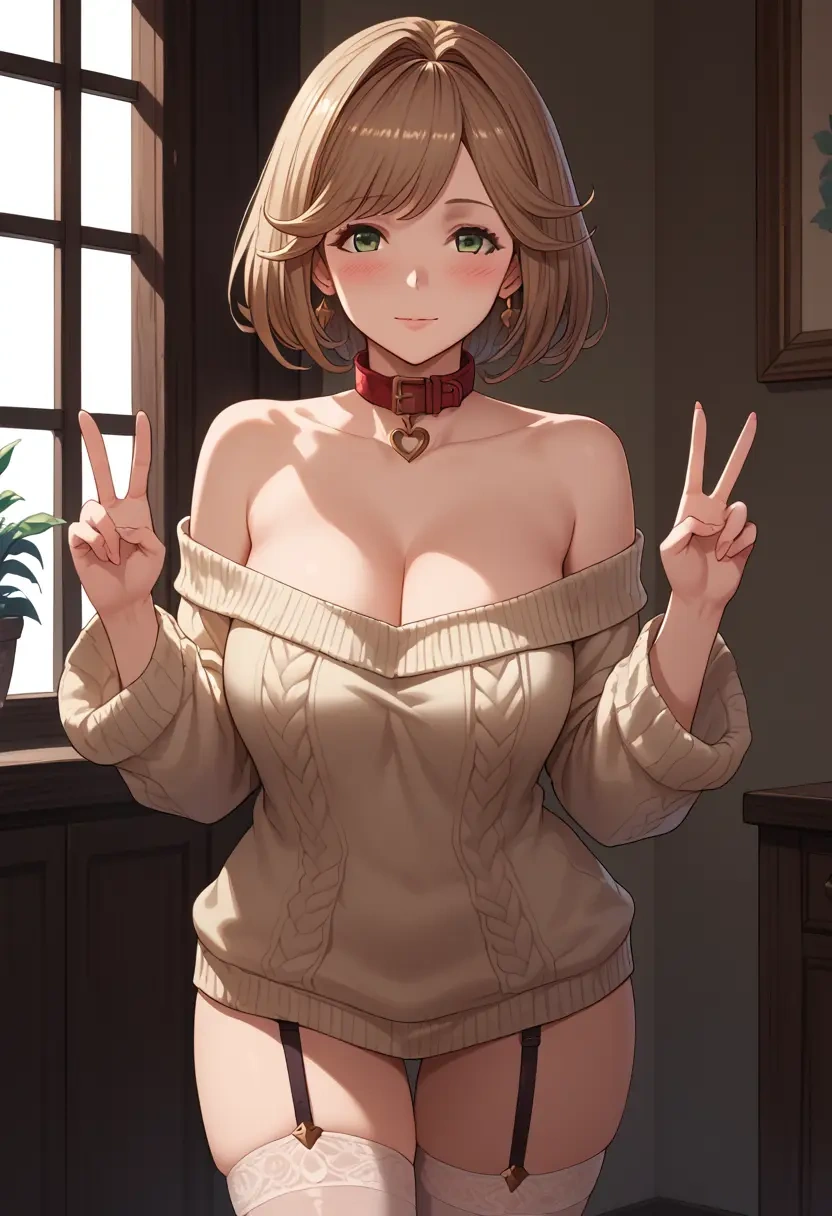 granblue_fantasy,clarisse_(granblue_fantasy),blushing,collar,off-shoulder,sweater,stockings  - 