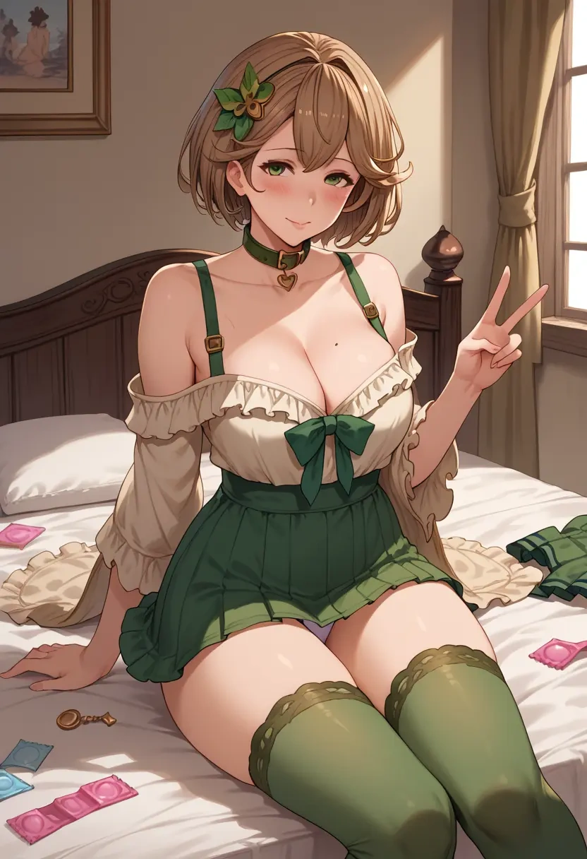 granblue_fantasy,clarisse_(granblue_fantasy),blushing,collar, peace sign, condom,mini skirt,Thigh garters  - 