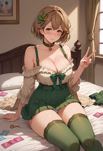 granblue_fantasy,clarisse_(granblue_fantasy),blushing,collar, peace sign, condom,mini skirt,Thigh garters  - AI generated anime art