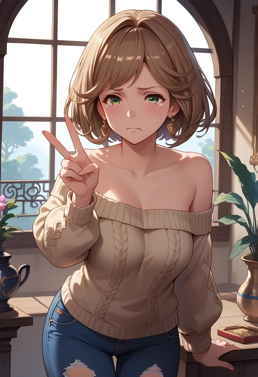 granblue_fantasy,clarisse_(granblue_fantasy),sweater,off-shoulder,ripped jeans  - 