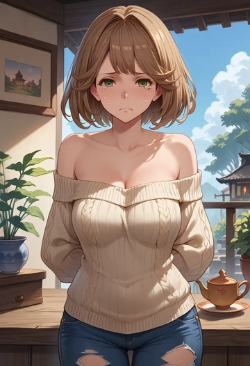 granblue_fantasy,clarisse_(granblue_fantasy),sweater,off-shoulder,ripped jeans  - AI generated anime art