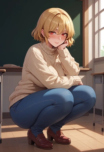 touhou,clownpiece,teacher, sweater, jeans shorts  - AI generated anime art