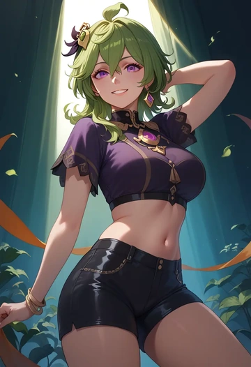 genshin impact,collei,leather,shorts,crop top  - AI generated anime art