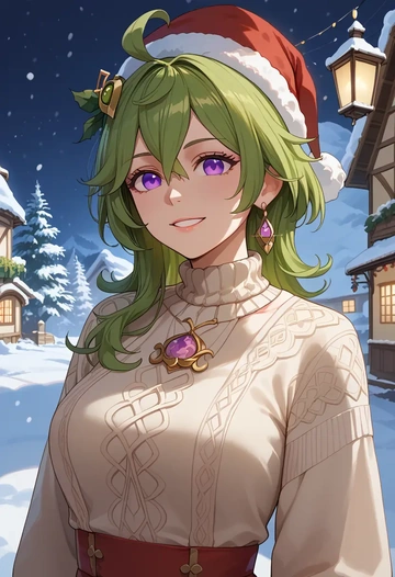 genshin impact,collei,Christmas,sweater dress,stockings  - AI generated anime art