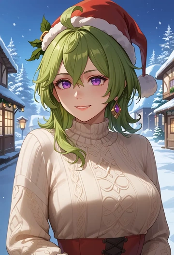 genshin impact,collei,Christmas,sweater dress,stockings  - AI generated anime art