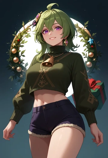 genshin impact,collei,Christmas,red velvet shorts,turtleneck sweater  - AI generated anime art