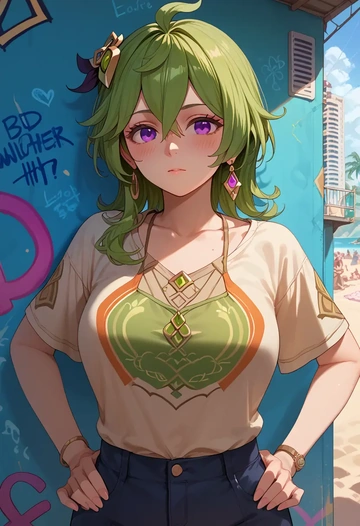 genshin impact,collei,oversized graffiti shirt,dolphin shorts  - AI generated anime art