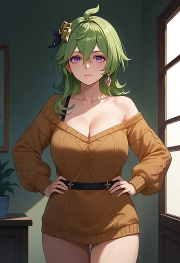 genshin impact,collei,Hands on hips,off-shoulder,sweater  - AI generated anime art