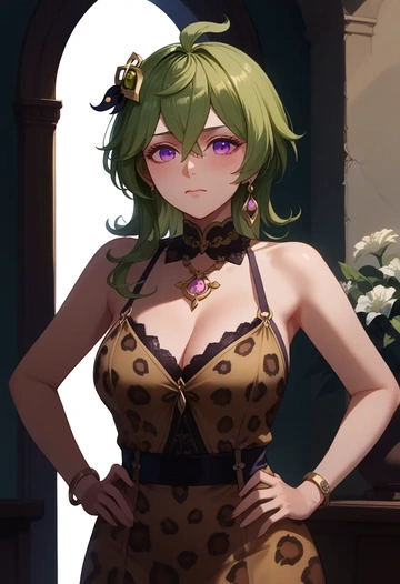 genshin impact,collei,leopard print,silk slip dress  - AI generated anime art