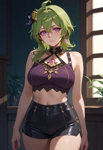 genshin impact,collei,leather,shorts,crop top  - AI generated anime art