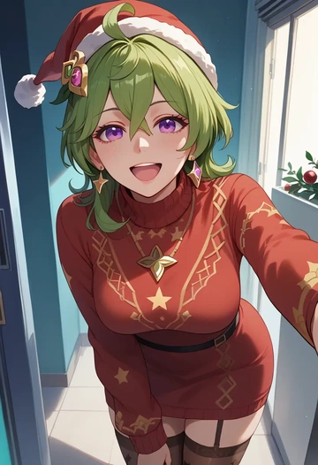 genshin impact,collei,Christmas,sweater dress,stockings  - AI generated anime art