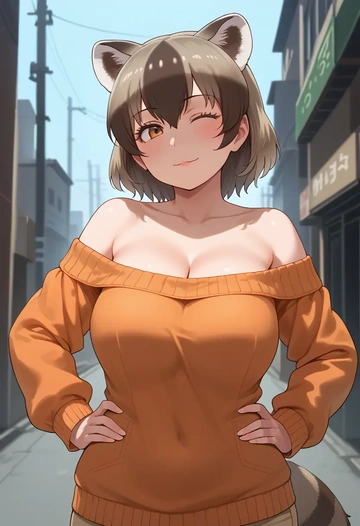 kemono_friends,common_raccoon_(kemono_friends),orange,sweater  - AI generated anime art