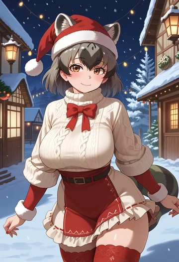 kemono_friends,common_raccoon_(kemono_friends),Christmas,sweater dress,stockings  - AI generated anime art