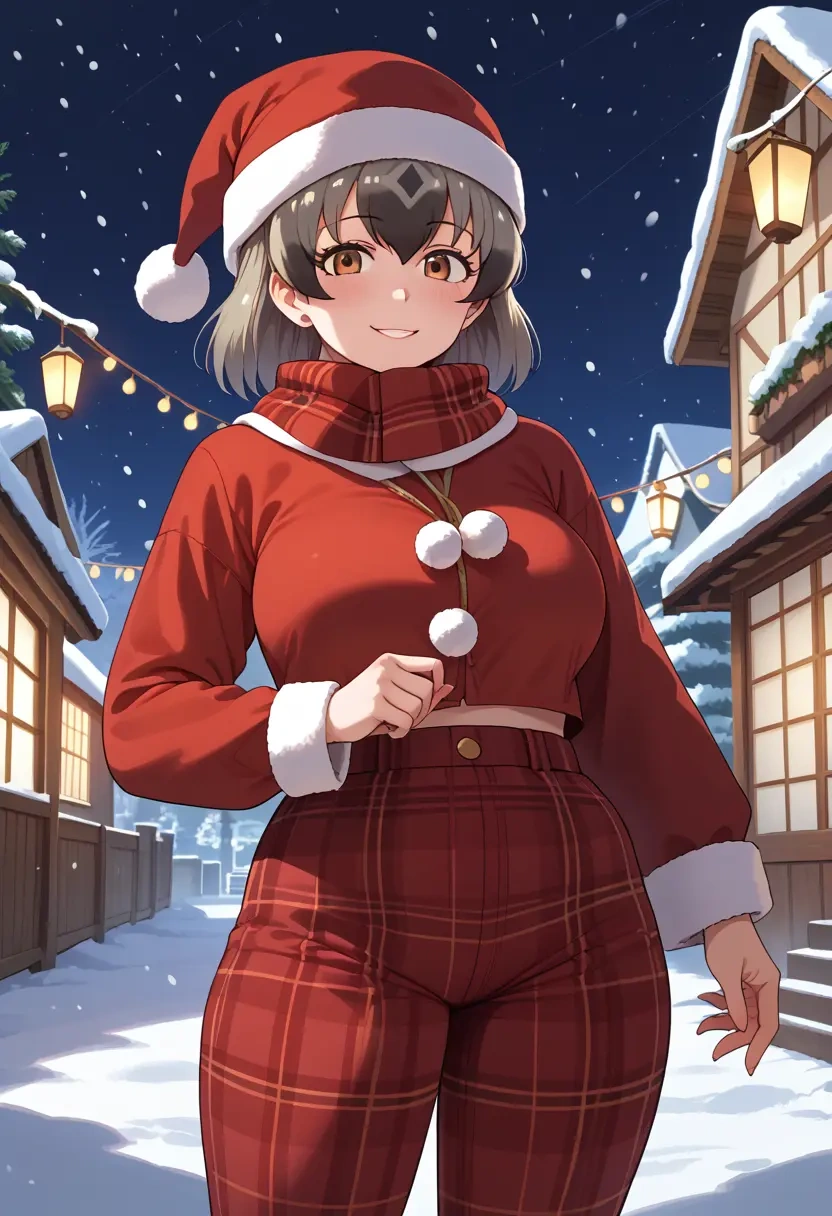 kemono_friends,common_raccoon_(kemono_friends),Christmas,plaid trousers  - 