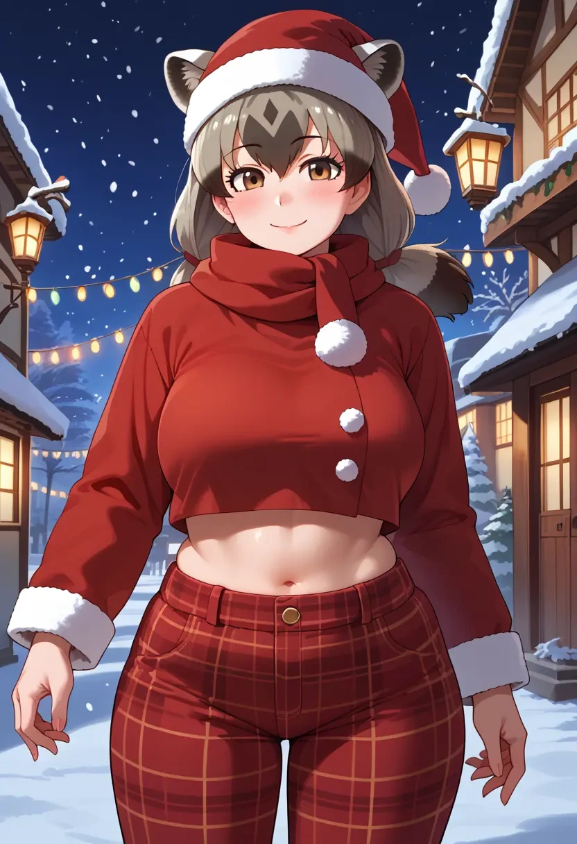 kemono_friends,common_raccoon_(kemono_friends),Christmas,plaid trousers  - 