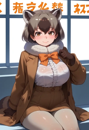 kemono_friends,common_raccoon_(kemono_friends),coat,fur-collar,tailored trousers  - AI generated anime art