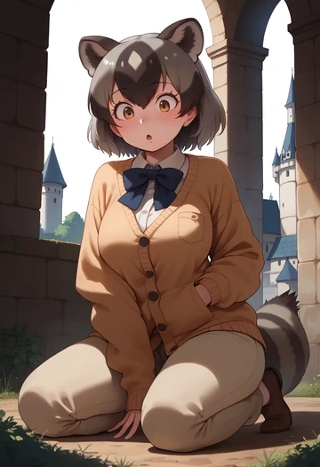 kemono_friends,common_raccoon_(kemono_friends),cardigan,oversized,wide-leg pants  - AI generated anime art