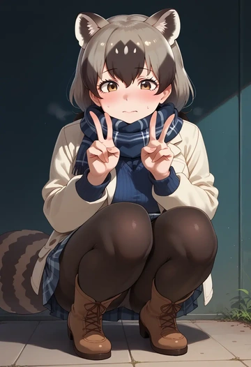 kemono_friends,common_raccoon_(kemono_friends),winter,student uniform,down jacket  - AI generated anime art