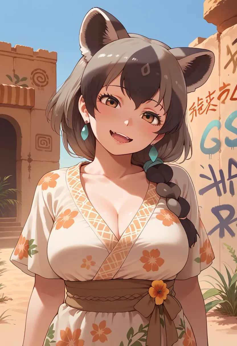 kemono_friends,common_raccoon_(kemono_friends),floral graffiti blouse,dolphin shorts  - 