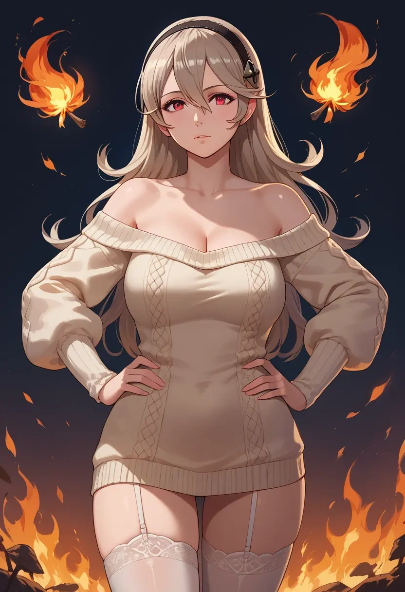 fire_emblem,corrin_(fire_emblem),Hands on hips,off-shoulder,sweater,stockings  - 