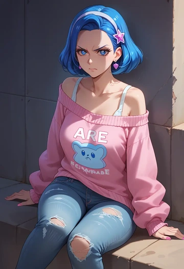 precure,cure_beauty,sweater,off-shoulder,ripped jeans  - AI generated anime art