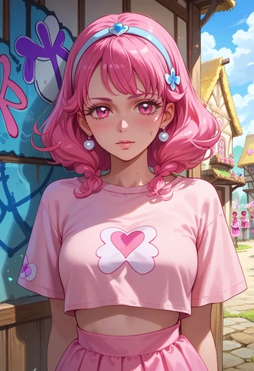 precure,cure_blossom,cropped graffiti sweatshirt,dolphin shorts  - AI generated anime art