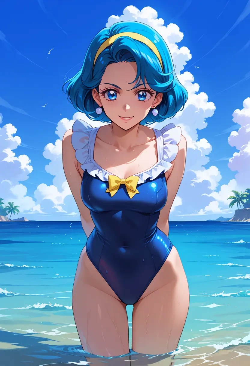 precure,cure_marine,retro style swimsuit,frilled neckline,bow detail  - 