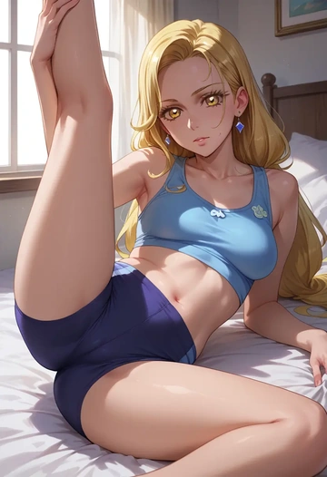 precure,cure_sunshine,yoga shorts,spread legs,sexy,one leg up  - AI generated anime art