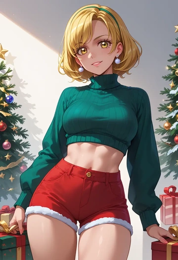 precure,cure_sunshine,Christmas,red velvet shorts,turtleneck sweater  - AI generated anime art