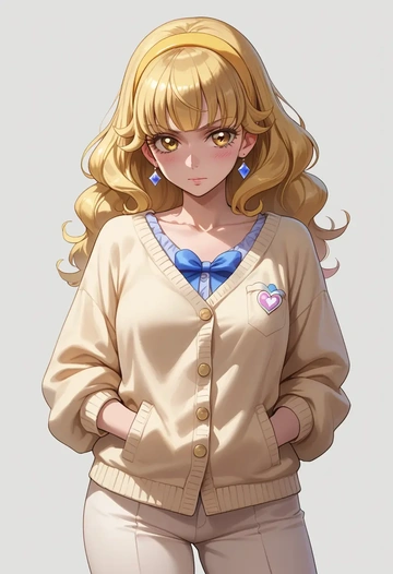 precure,cure_sunshine,cardigan,oversized,wide-leg pants  - AI generated anime art