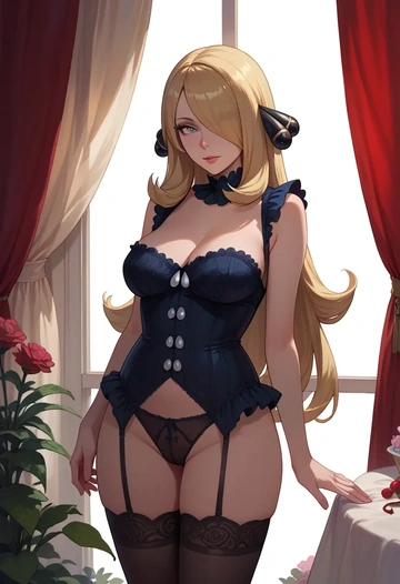 pokemon,cynthia_(pokemon),Victorian-era,stockings,sexy  - AI generated anime art