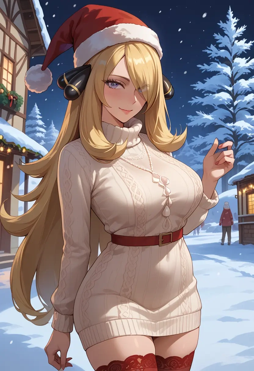 pokemon,cynthia_(pokemon),Christmas,sweater dress,stockings  - 