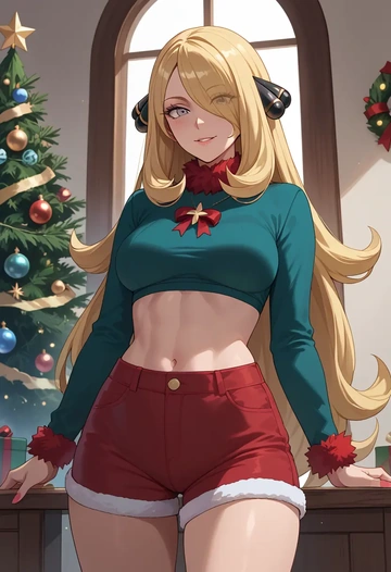 pokemon,cynthia_(pokemon),Christmas,red velvet shorts  - AI generated anime art