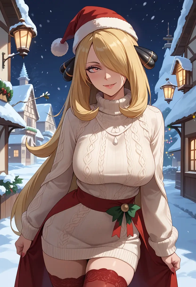 pokemon,cynthia_(pokemon),Christmas,sweater dress,stockings  - 