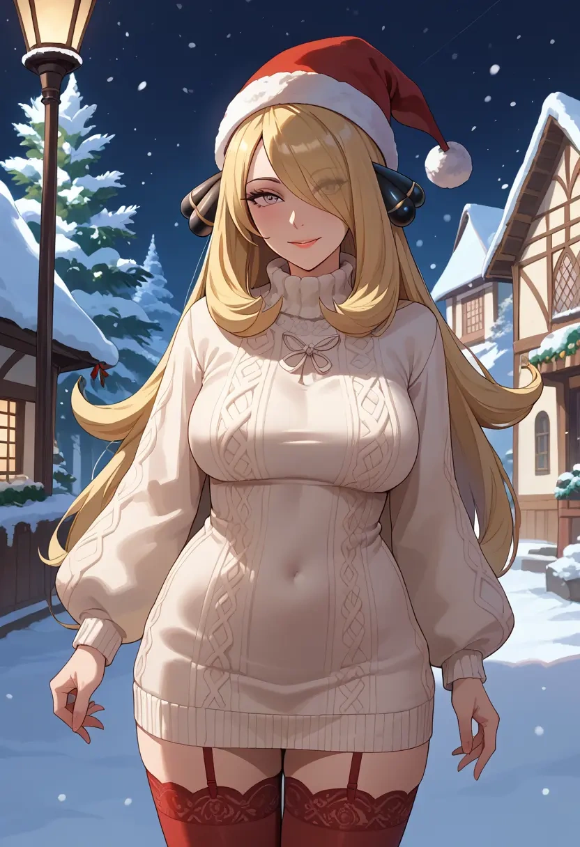 pokemon,cynthia_(pokemon),Christmas,sweater dress,stockings  - 