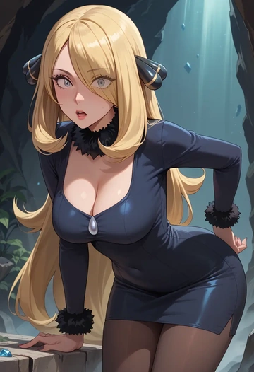 pokemon,cynthia_(pokemon),bodysuit,mesh,high-waisted skirt  - AI generated anime art