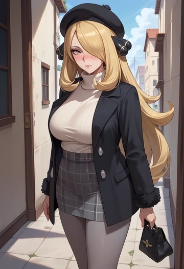 pokemon,cynthia_(pokemon),winter,student uniform,pea coat  - AI generated anime art