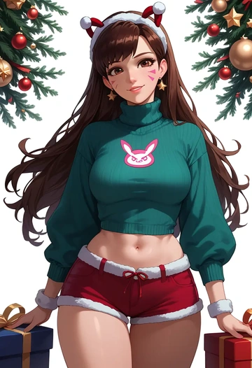 overwatch,d.va_(overwatch),Christmas,red velvet shorts,turtleneck sweater  - AI generated anime art