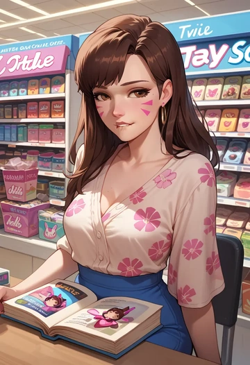 overwatch,d.va_(overwatch),floral graffiti blouse,dolphin shorts  - AI generated anime art