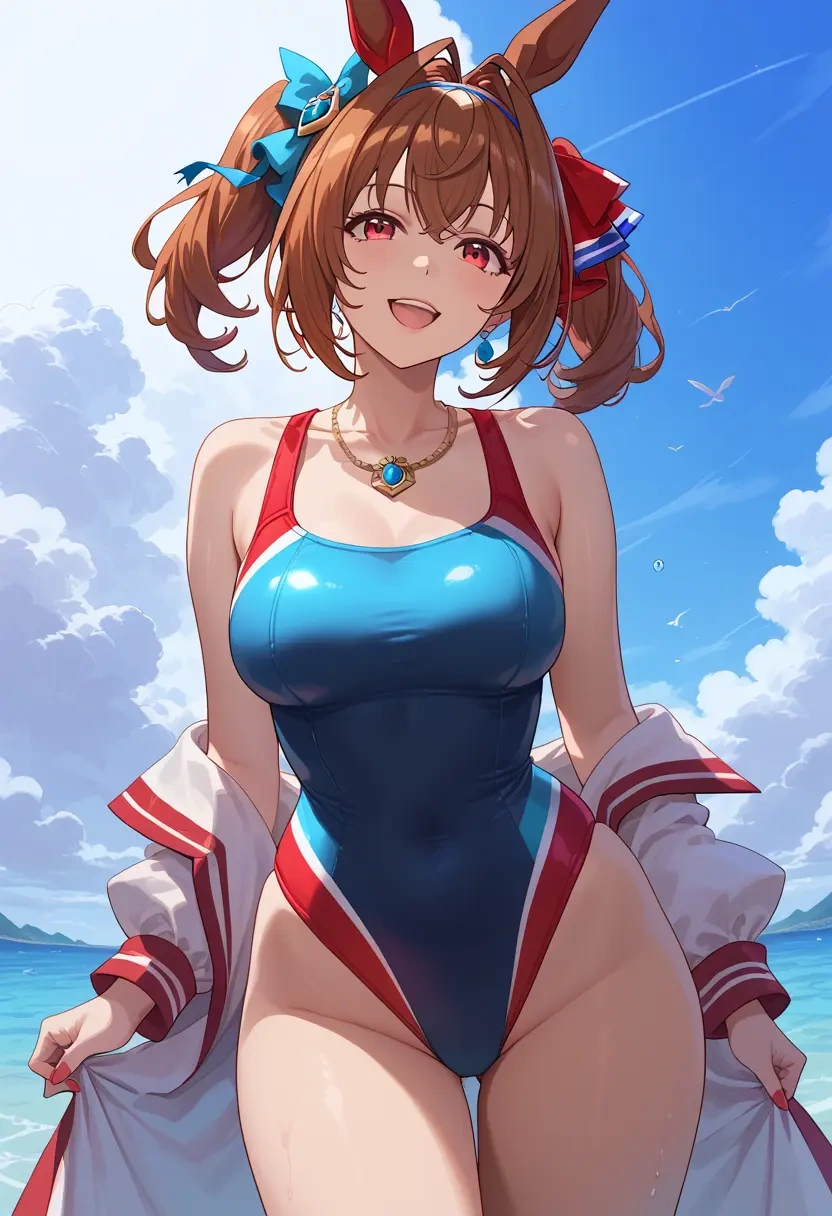 umamusume,daiwa_scarlet_(umamusume),racerback swimsuit,striped trim,name tag patch  - 