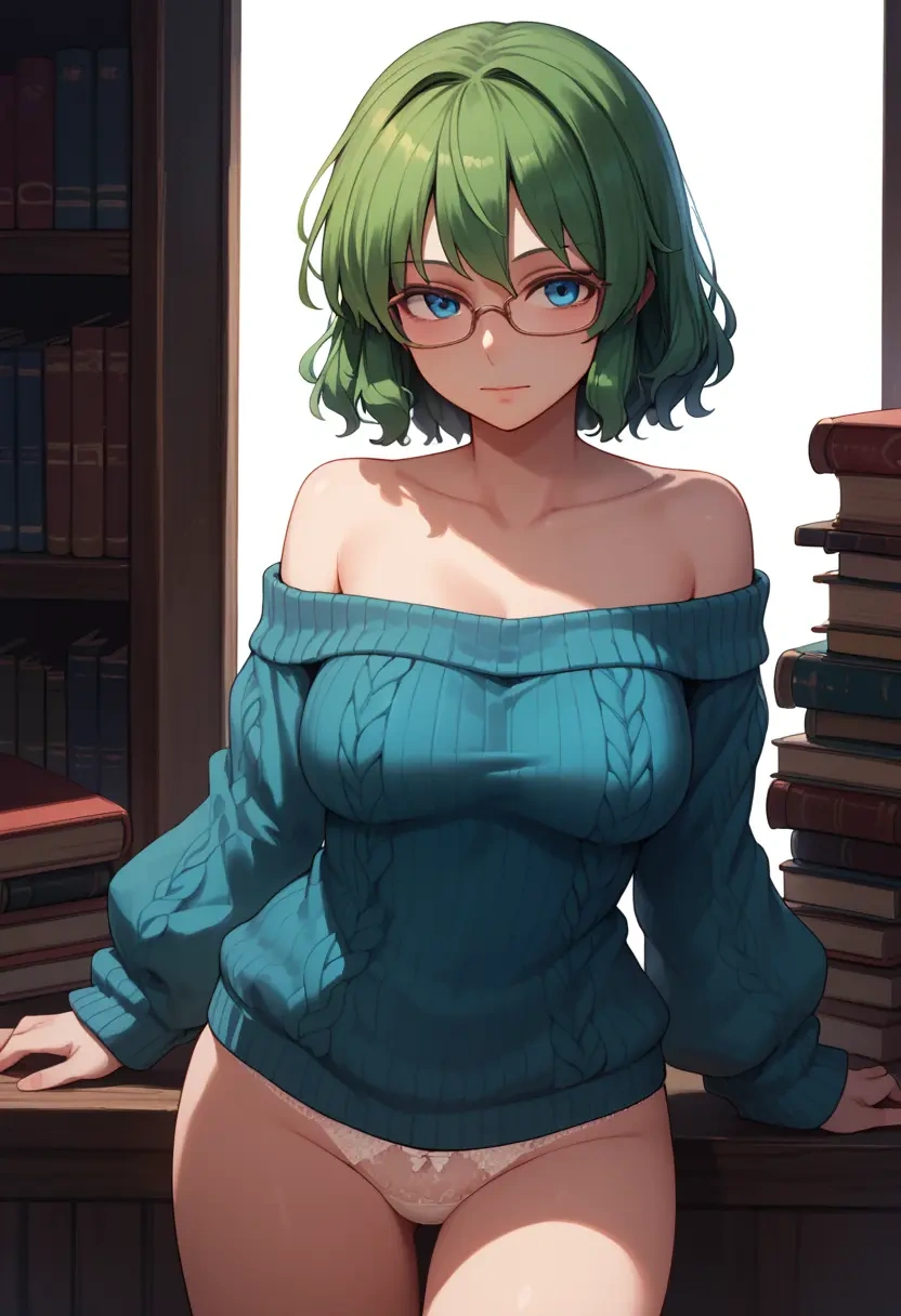 touhou,daiyousei,off-shoulder,panties,glasses,sweater  - 