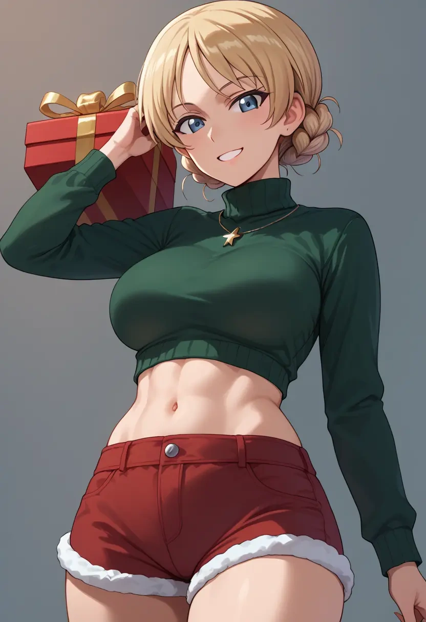 girls_und_panzer,darjeeling_(girls_und_panzer),Christmas,red velvet shorts,turtleneck sweater  - 