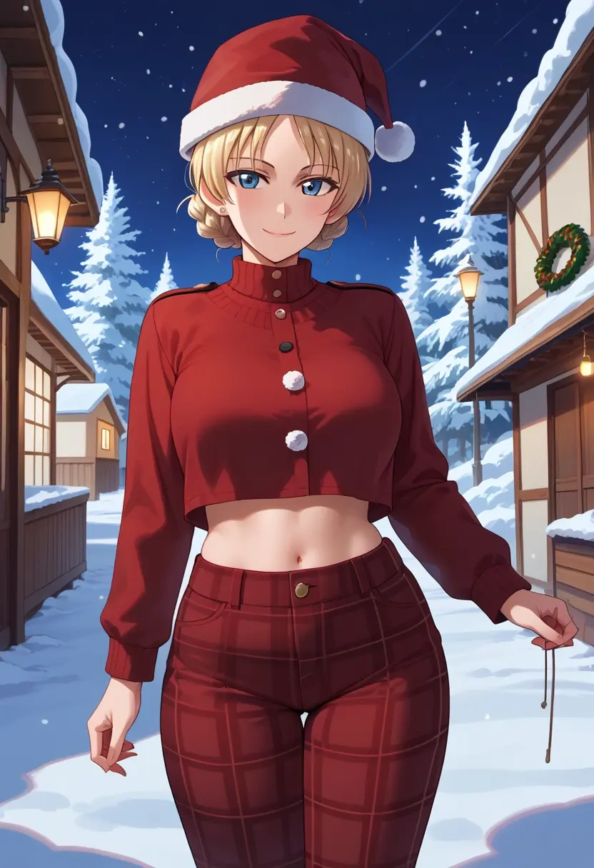 girls_und_panzer,darjeeling_(girls_und_panzer),Christmas,plaid trousers  - 