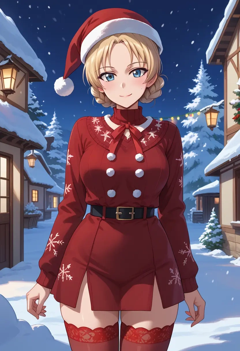 girls_und_panzer,darjeeling_(girls_und_panzer),Christmas,sweater dress,stockings  - 