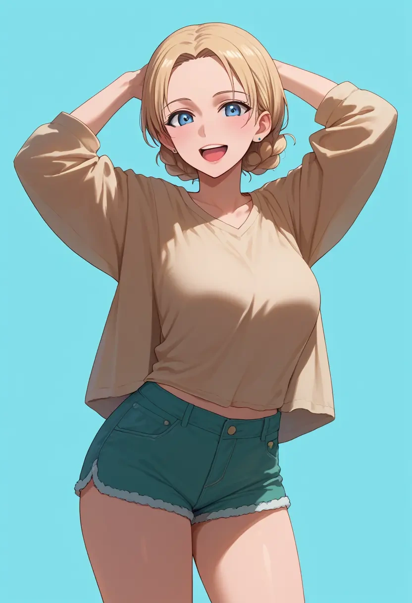 girls_und_panzer,darjeeling_(girls_und_panzer),graphic tee,shorts,sneakers  - 