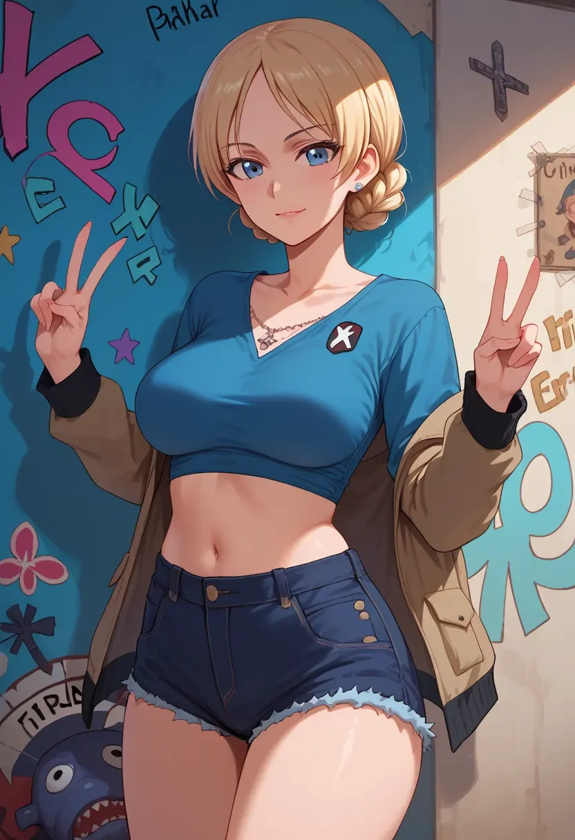 girls_und_panzer,darjeeling_(girls_und_panzer),patchwork graffiti top,dolphin shorts  - 