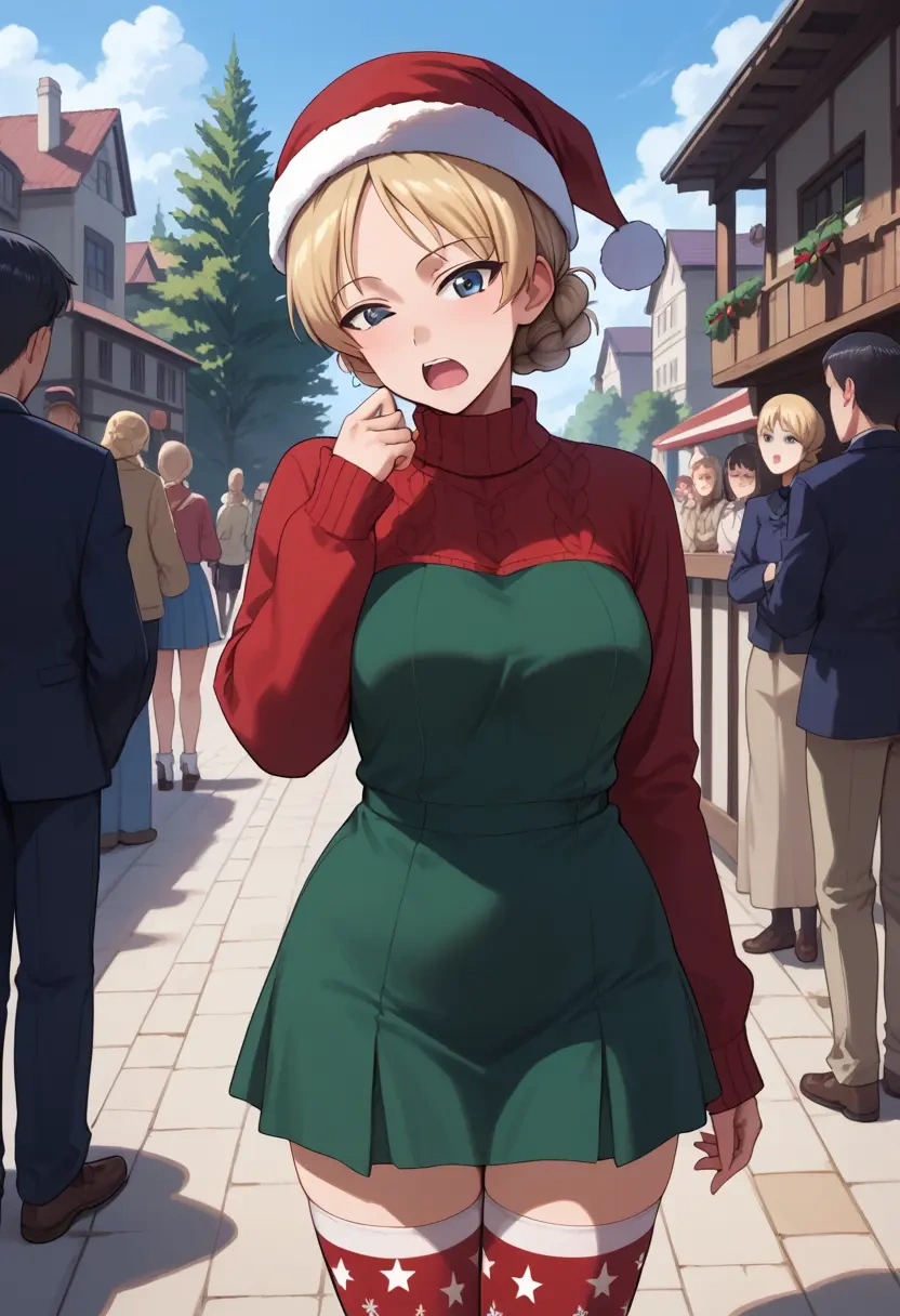 girls_und_panzer,darjeeling_(girls_und_panzer),Christmas,sweater dress,stockings  - 