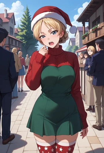 girls_und_panzer,darjeeling_(girls_und_panzer),Christmas,sweater dress,stockings  - AI generated anime art